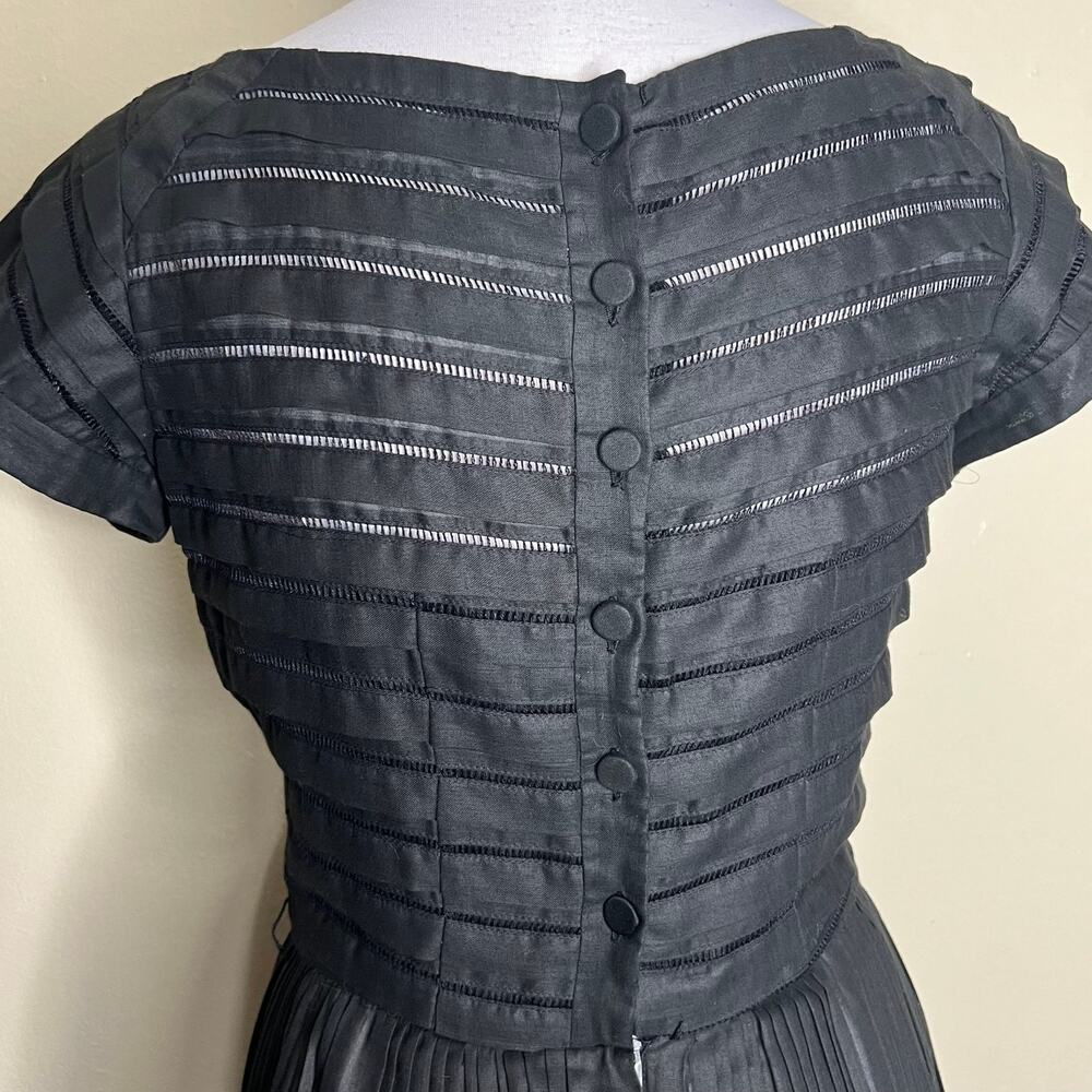 Vtg 50s Carlye Midi Dress 6/8 Black Pleated Cotton Mid Century Made in USA 60s - Picture 5 of 8